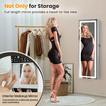 Mirrored Jewelry Armoire with Full Length Mirror and 2 Internal LED Lights-White - White - Jewelry Armoires