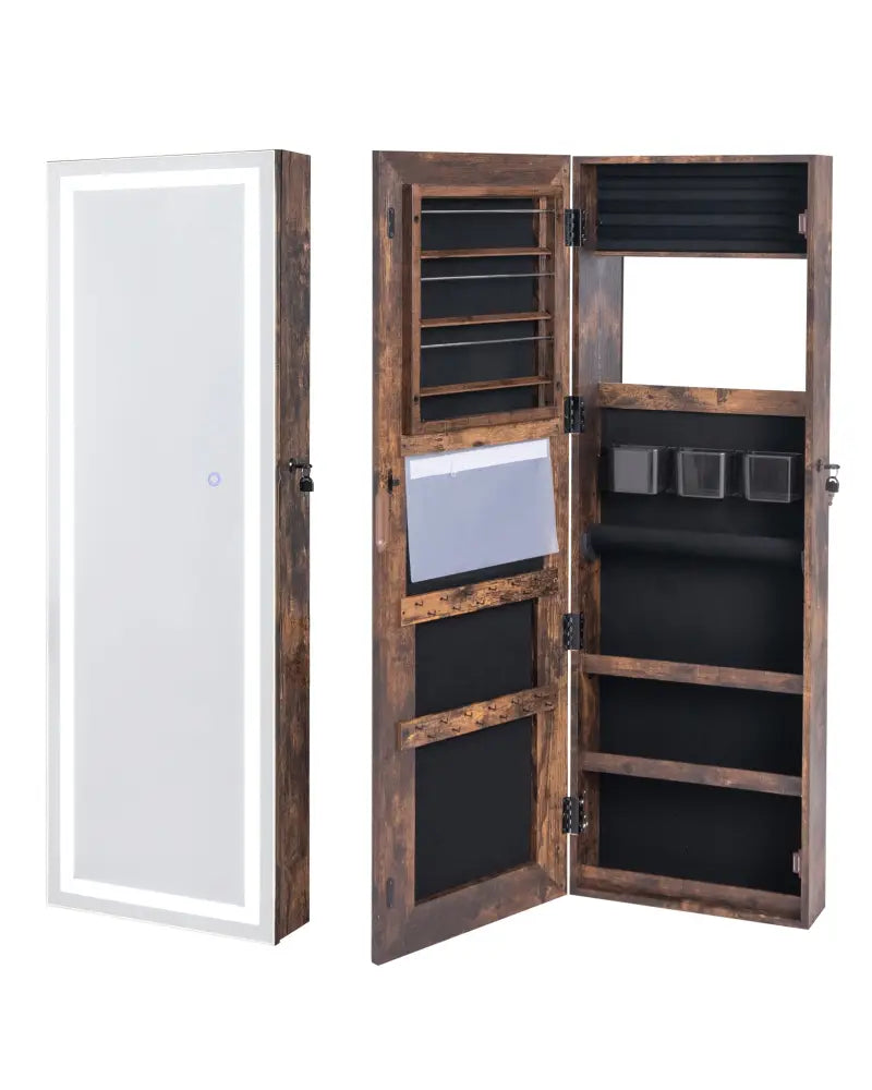 Mirrored Jewelry Armoire with Full Length Mirror and 2 Internal LED Lights-Rustic Brown - Rustic Brown - Jewelry