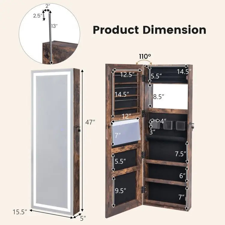 Mirrored Jewelry Armoire with Full Length Mirror and 2 Internal LED Lights - Rustic Brown - Oasis Home Essentials