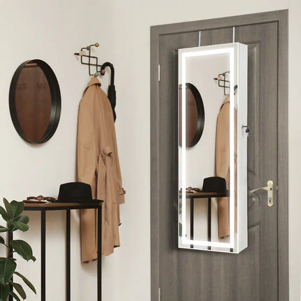 Mirrored Jewelry Armoire with Full Length Mirror and 2 Internal LED Lights-White - White - Jewelry Armoires
