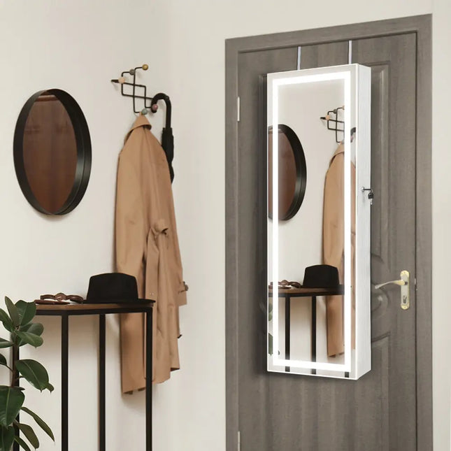 Mirrored Jewelry Armoire with Full Length Mirror and 2 Internal LED Lights-White - White - Jewelry Armoires