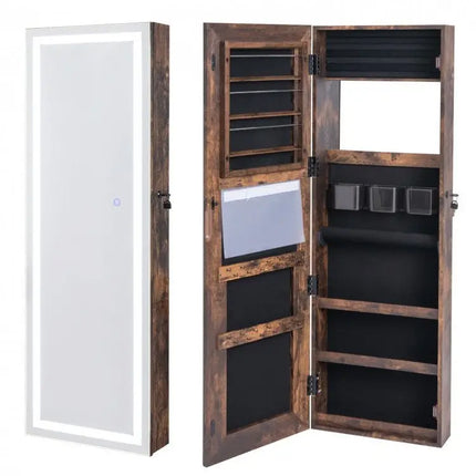 Mirrored Jewelry Armoire with Full Length Mirror and 2 Internal LED Lights - Rustic Brown - Oasis Home Essentials