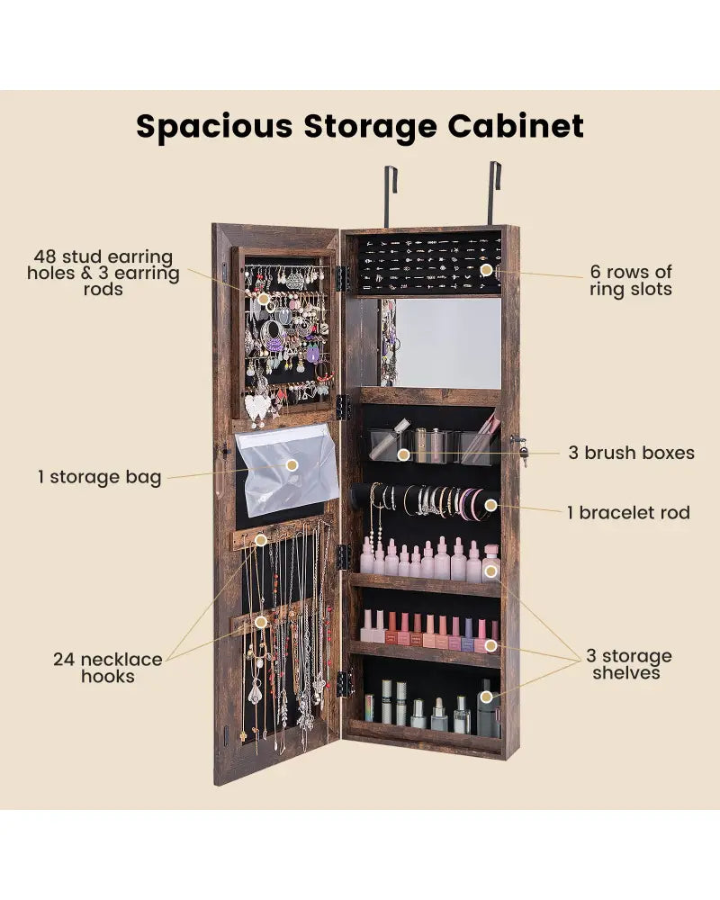 Mirrored Jewelry Armoire with Full Length Mirror and 2 Internal LED Lights-Rustic Brown - Rustic Brown - Jewelry