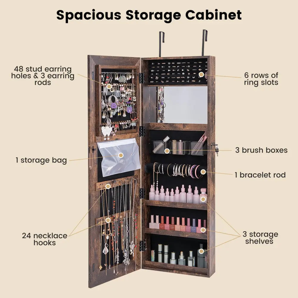 Mirrored Jewelry Armoire with Full Length Mirror and 2 Internal LED Lights-Rustic Brown - Rustic Brown - Jewelry