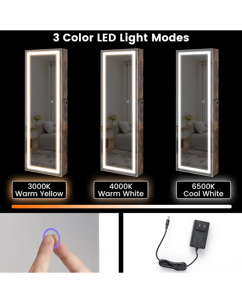 Mirrored Jewelry Armoire with Full Length Mirror and 2 Internal LED Lights-Rustic Brown - Rustic Brown - Jewelry