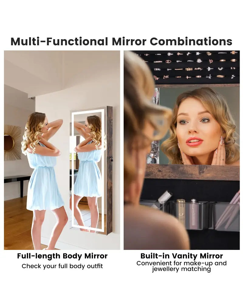 Mirrored Jewelry Armoire with Full Length Mirror and 2 Internal LED Lights-Rustic Brown - Rustic Brown - Jewelry