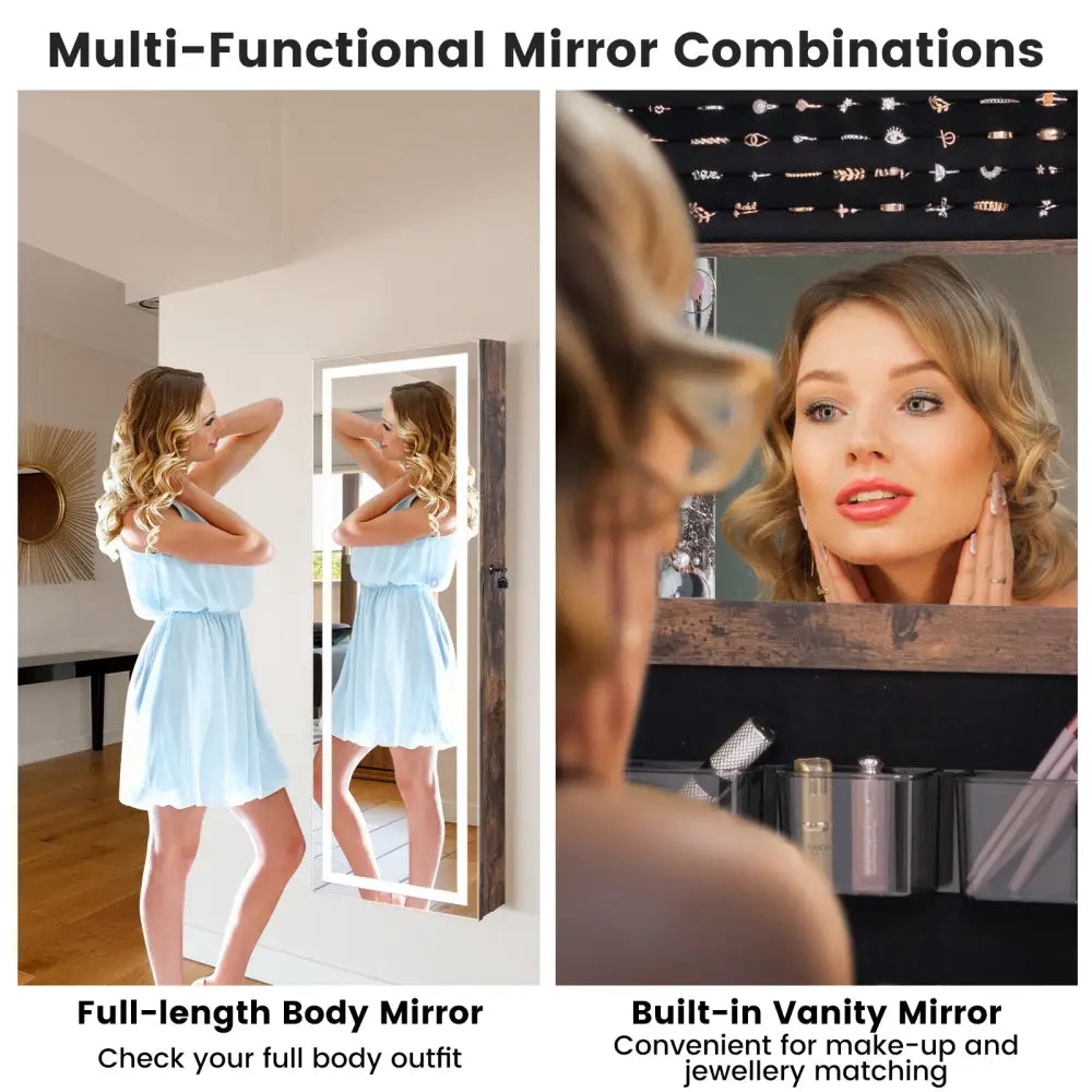 Mirrored Jewelry Armoire with Full Length Mirror and 2 Internal LED Lights-Rustic Brown - Rustic Brown - Jewelry