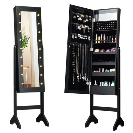 Mirrored Jewelry Cabinet Armoire Organizer w/ LED lights-Black - Black - Jewelry Armoires