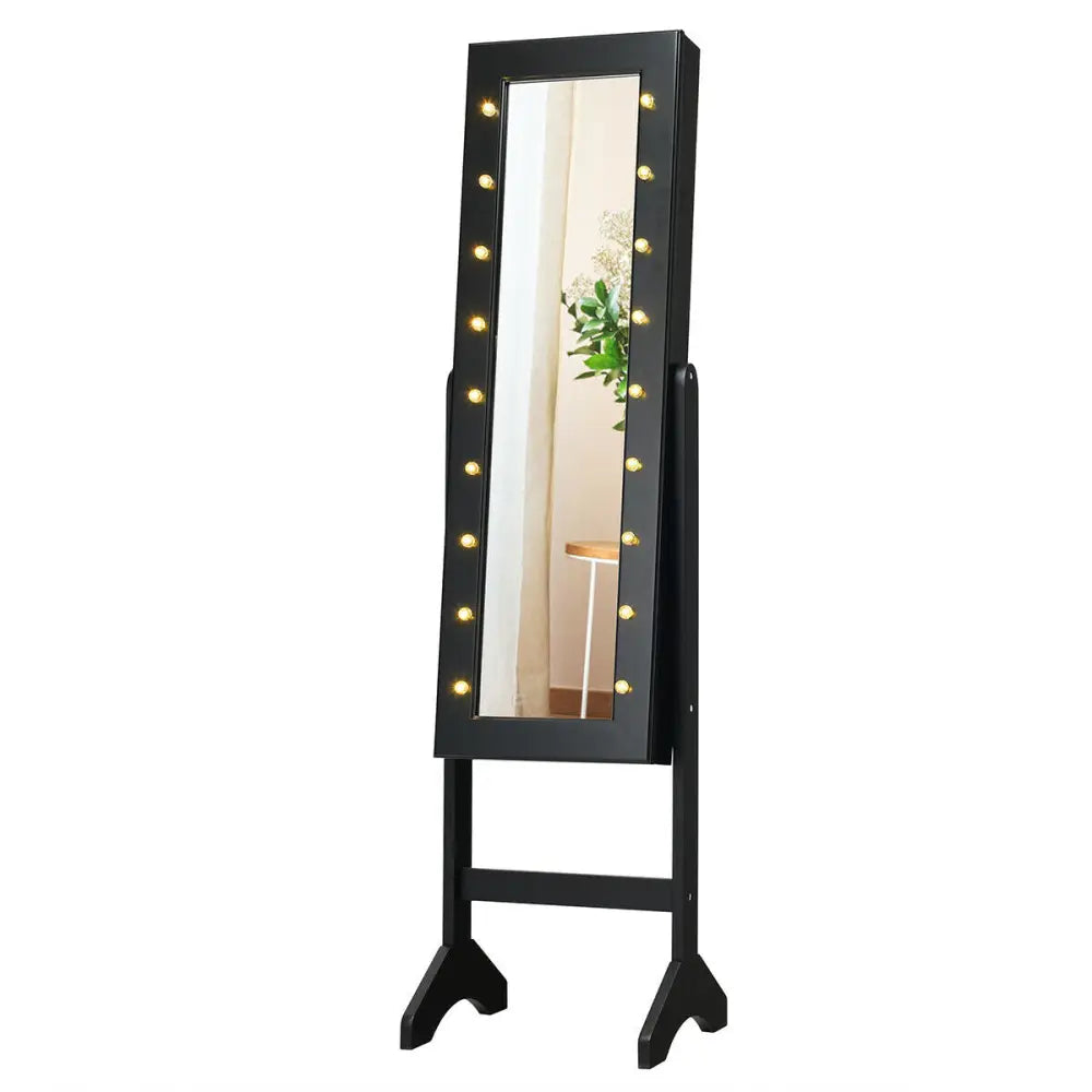 Mirrored Jewelry Cabinet Armoire Organizer w/ LED lights-Black - Black - Jewelry Armoires