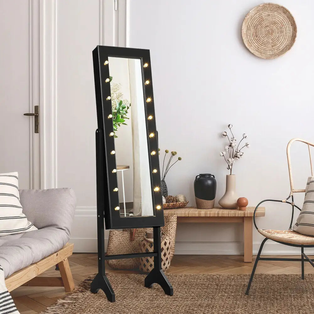 Mirrored Jewelry Cabinet Armoire Organizer w/ LED lights-Black - Black - Jewelry Armoires