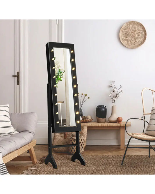Mirrored Jewelry Cabinet Armoire Organizer w/ LED lights-Black - Black - Jewelry Armoires