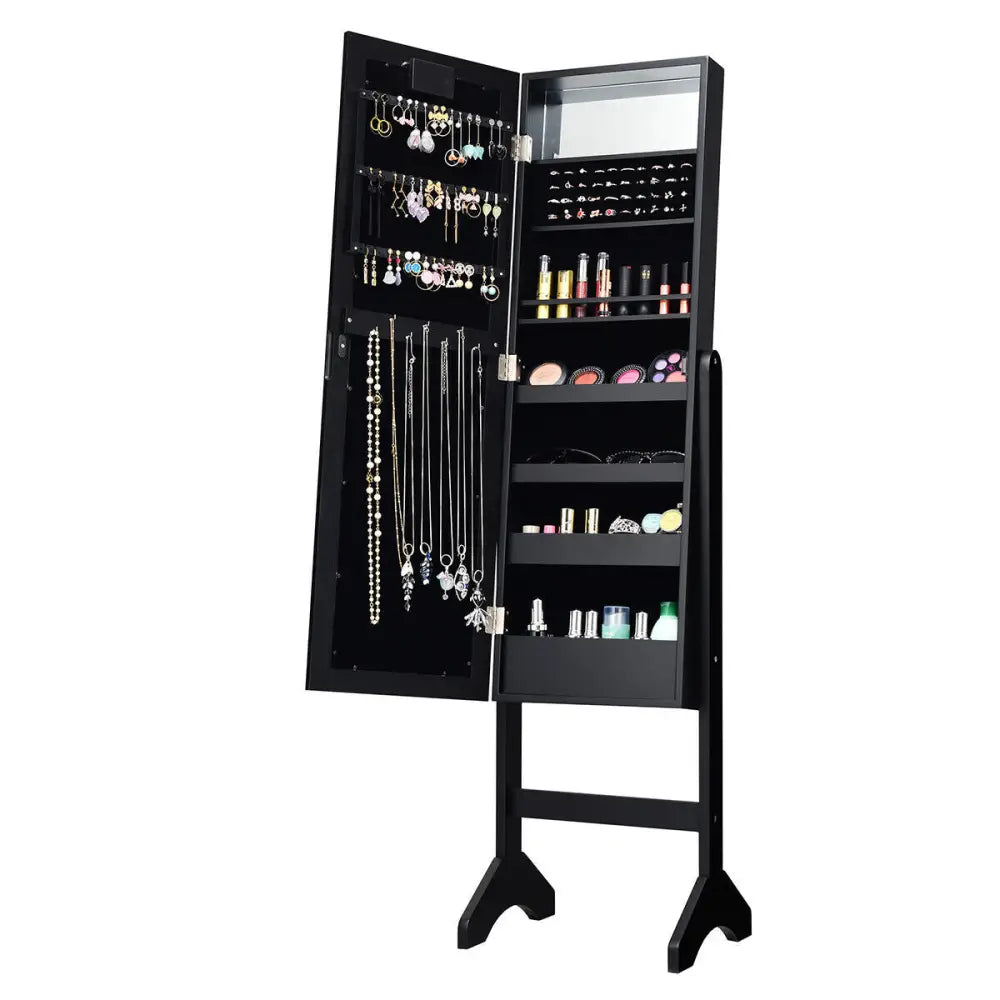 Mirrored Jewelry Cabinet Armoire Organizer w/ LED lights-Black - Black - Jewelry Armoires