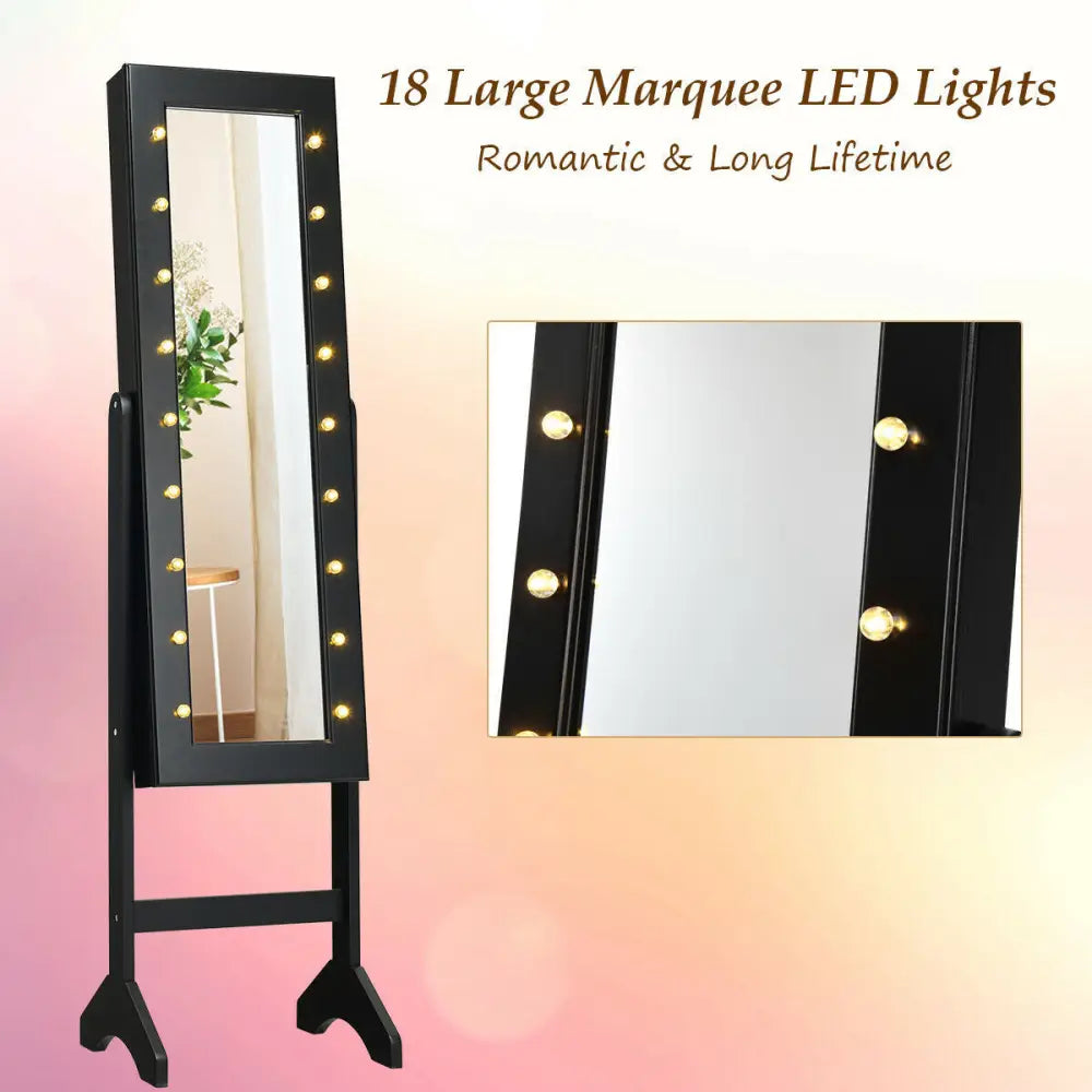 Mirrored Jewelry Cabinet Armoire Organizer w/ LED lights-Black - Black - Jewelry Armoires