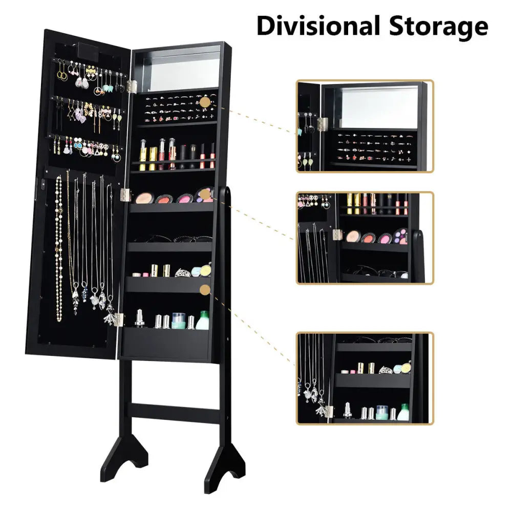 Mirrored Jewelry Cabinet Armoire Organizer w/ LED lights-Black - Black - Jewelry Armoires