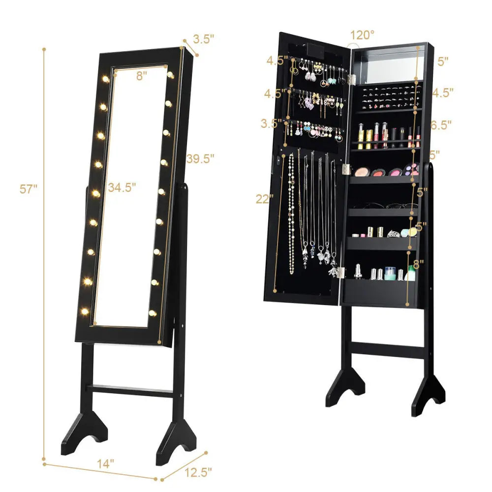 Mirrored Jewelry Cabinet Armoire Organizer w/ LED lights-Black - Black - Jewelry Armoires