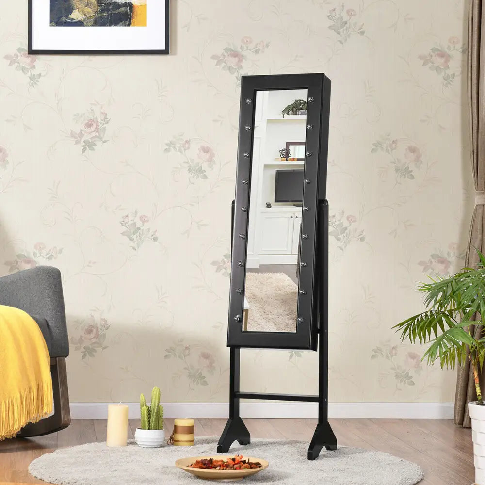Mirrored Jewelry Cabinet Armoire Organizer w/ LED lights-Black - Black - Jewelry Armoires