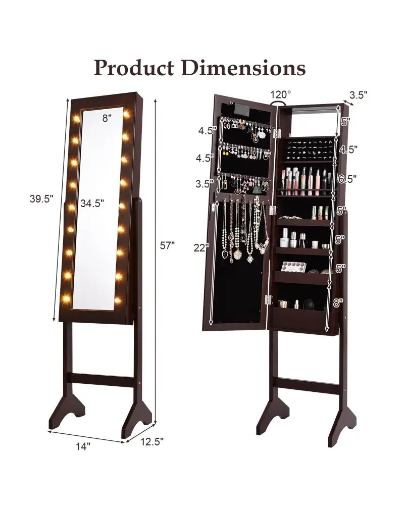 Mirrored Jewelry Cabinet Armoire Organizer w/ LED lights-Brown - Brown - Jewelry Armoires