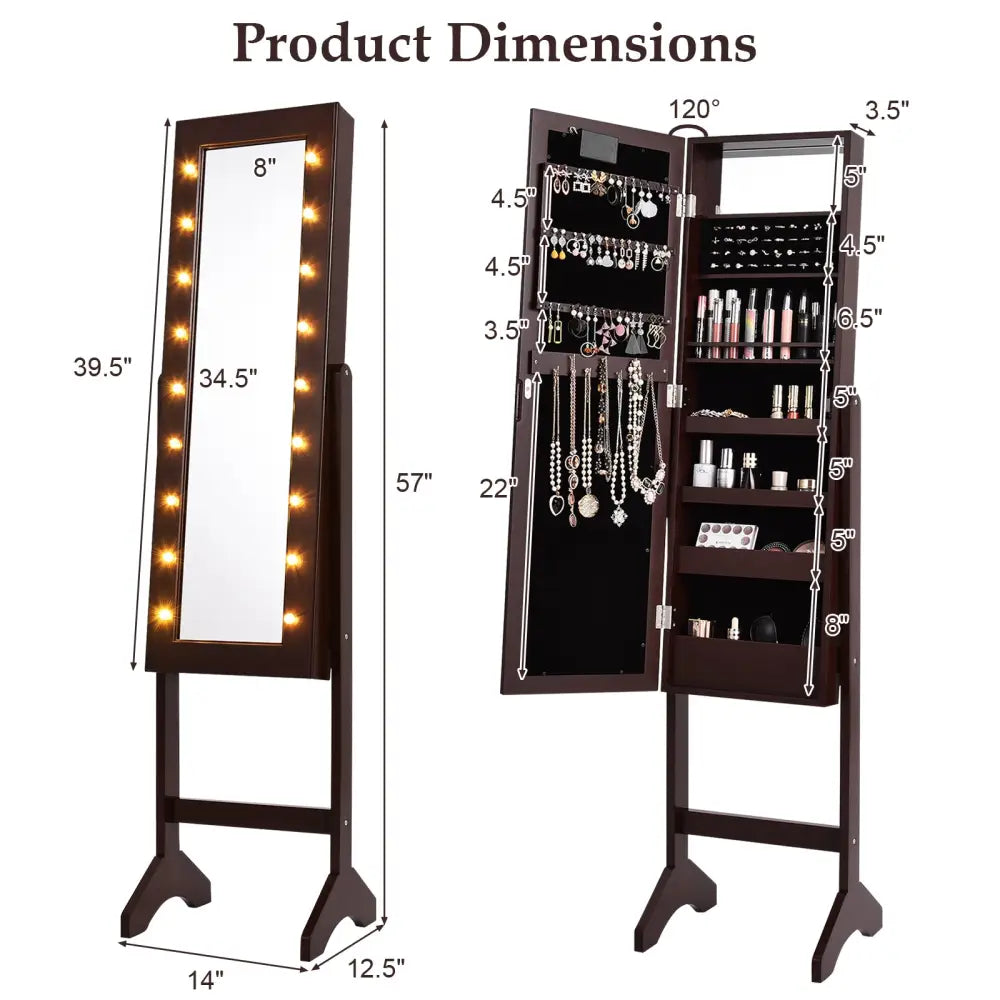 Mirrored Jewelry Cabinet Armoire Organizer w/ LED lights-Brown - Brown - Jewelry Armoires