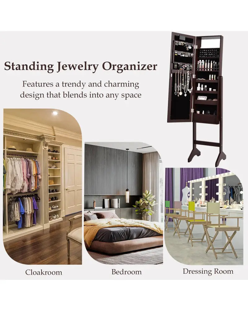 Mirrored Jewelry Cabinet Armoire Organizer w/ LED lights-Brown - Brown - Jewelry Armoires