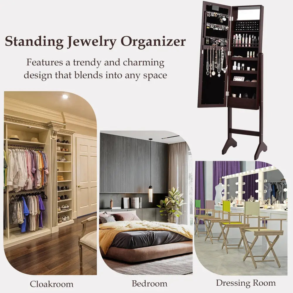 Mirrored Jewelry Cabinet Armoire Organizer w/ LED lights-Brown - Brown - Jewelry Armoires