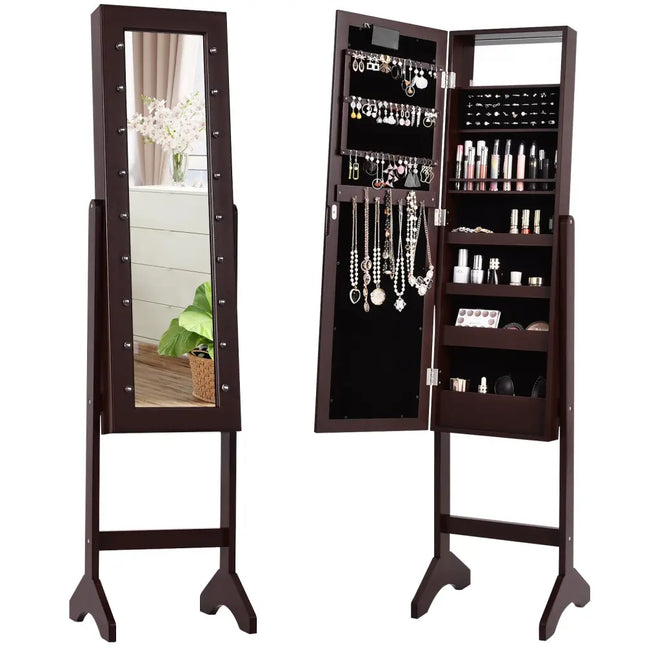 Mirrored Jewelry Cabinet Armoire Organizer w/ LED lights-Brown - Brown - Jewelry Armoires