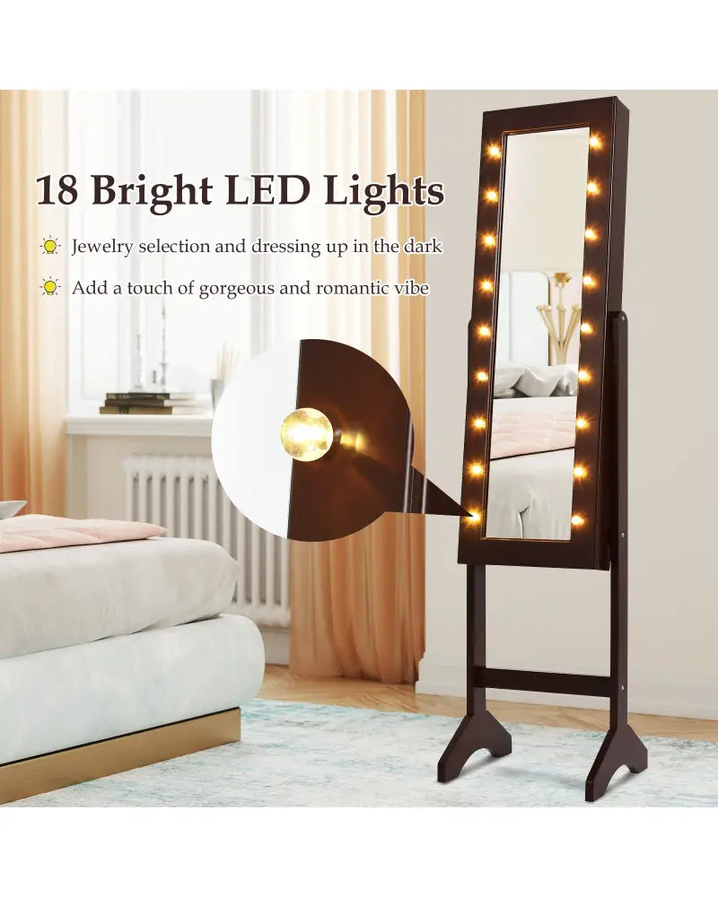 Mirrored Jewelry Cabinet Armoire Organizer w/ LED lights-Brown - Brown - Jewelry Armoires