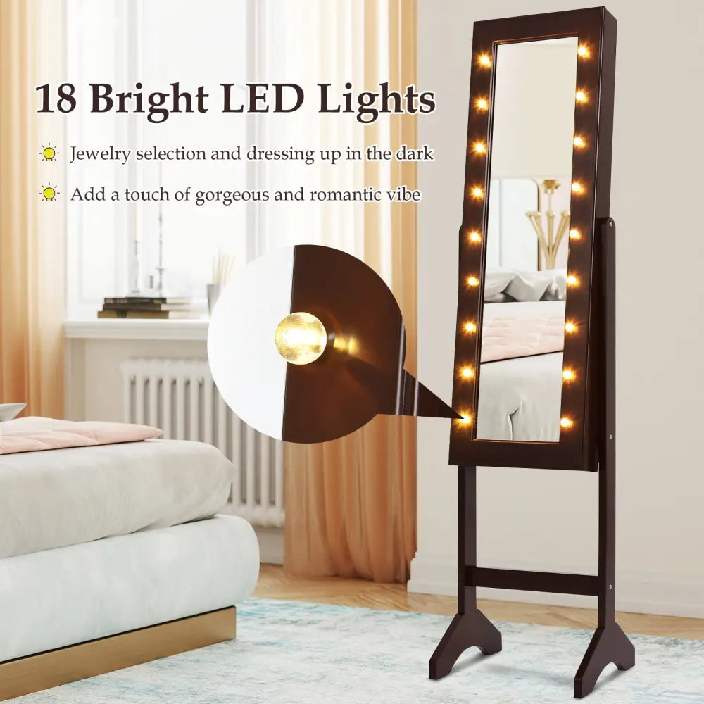 Mirrored Jewelry Cabinet Armoire Organizer w/ LED lights-Brown - Brown - Jewelry Armoires