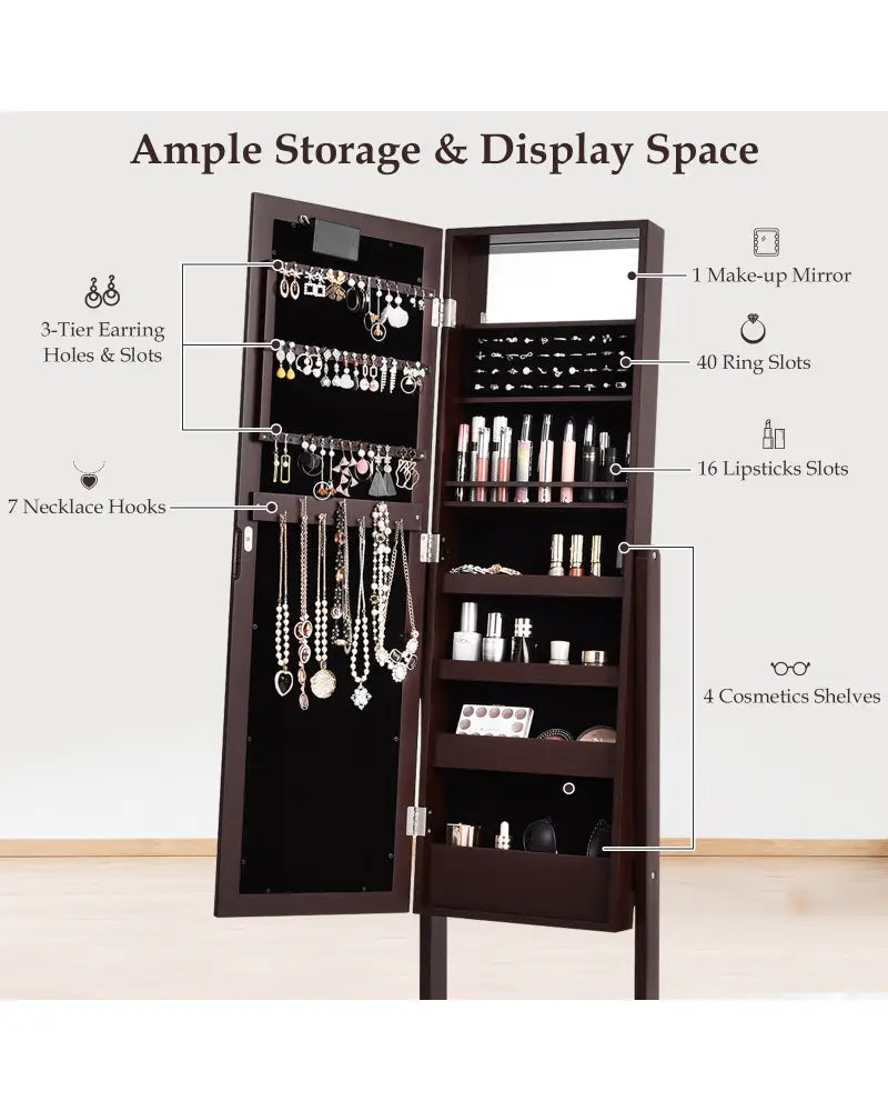 Mirrored Jewelry Cabinet Armoire Organizer w/ LED lights-Brown - Brown - Jewelry Armoires