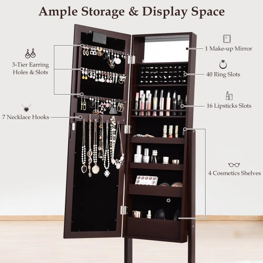 Mirrored Jewelry Cabinet Armoire Organizer w/ LED lights-Brown - Brown - Jewelry Armoires