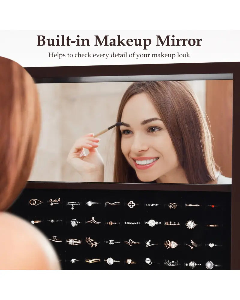 Mirrored Jewelry Cabinet Armoire Organizer w/ LED lights-Brown - Brown - Jewelry Armoires