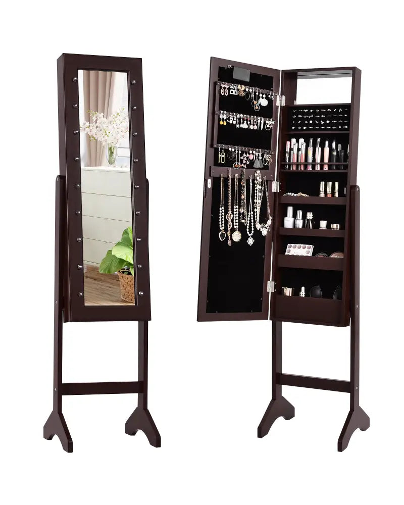 Mirrored Jewelry Cabinet Armoire Organizer w/ LED lights-Brown - Brown - Jewelry Armoires