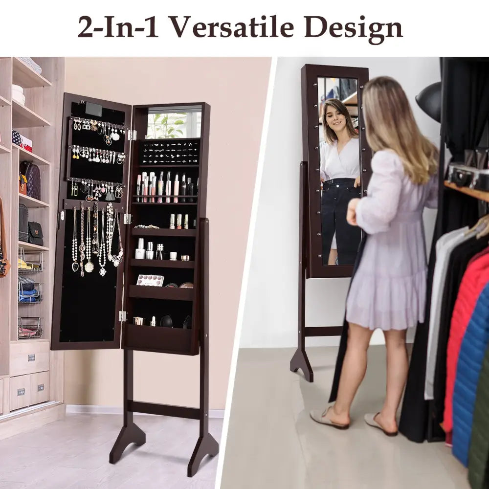 Mirrored Jewelry Cabinet Armoire Organizer w/ LED lights-Brown - Brown - Jewelry Armoires
