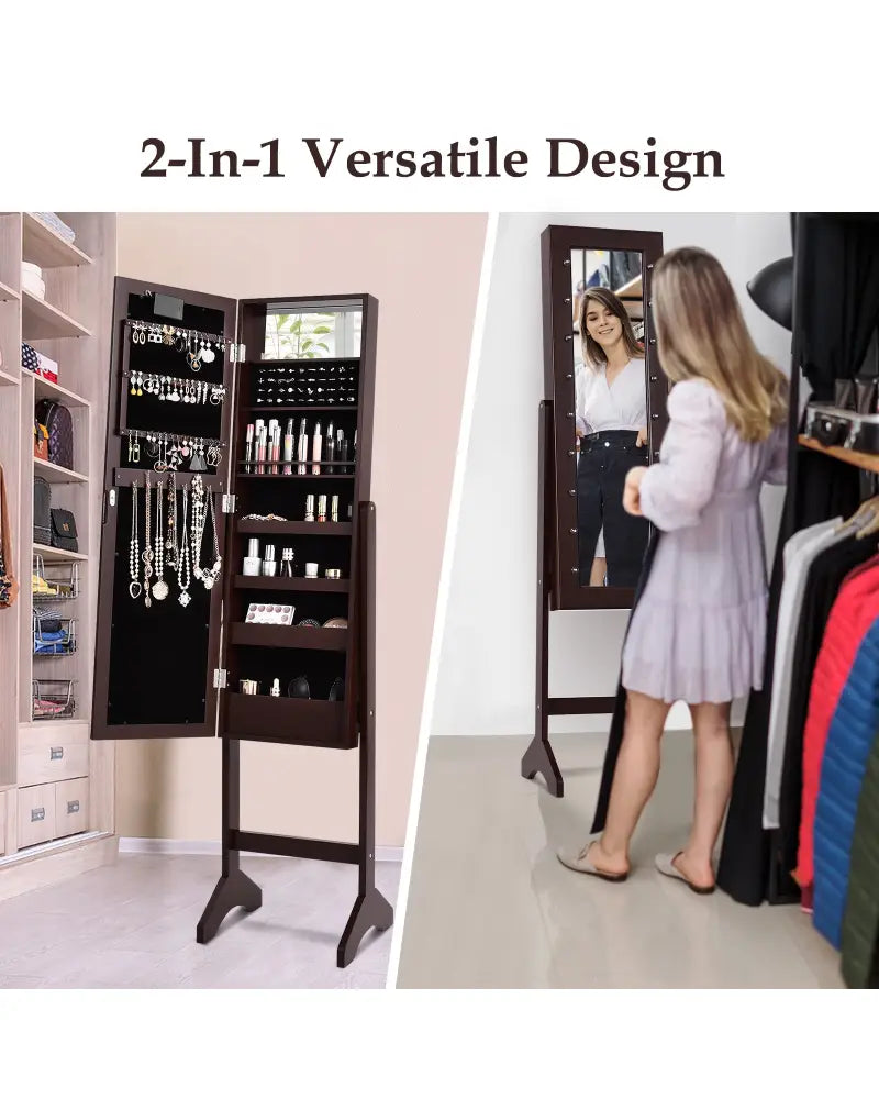 Mirrored Jewelry Cabinet Armoire Organizer w/ LED lights-Brown - Brown - Jewelry Armoires