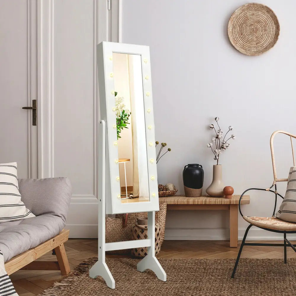 Mirrored Jewelry Cabinet Armoire Organizer w/ LED lights-White - White - Jewelry Armoires