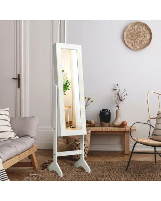 Mirrored Jewelry Cabinet Armoire Organizer w/ LED lights-White - White - Jewelry Armoires