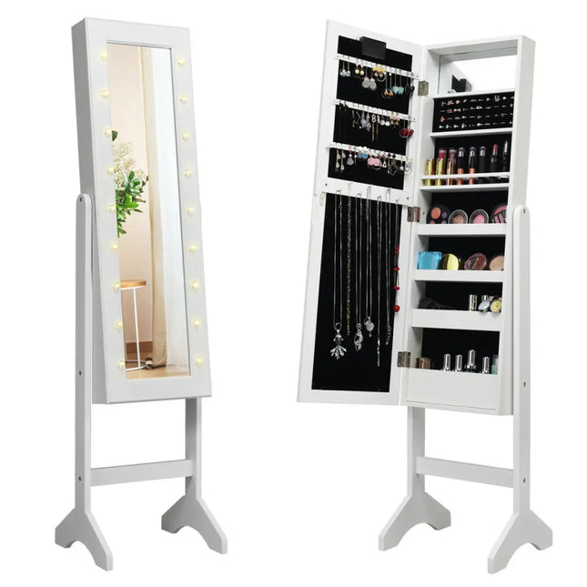 Mirrored Jewelry Cabinet Armoire Organizer w/ LED lights-White - White - Jewelry Armoires