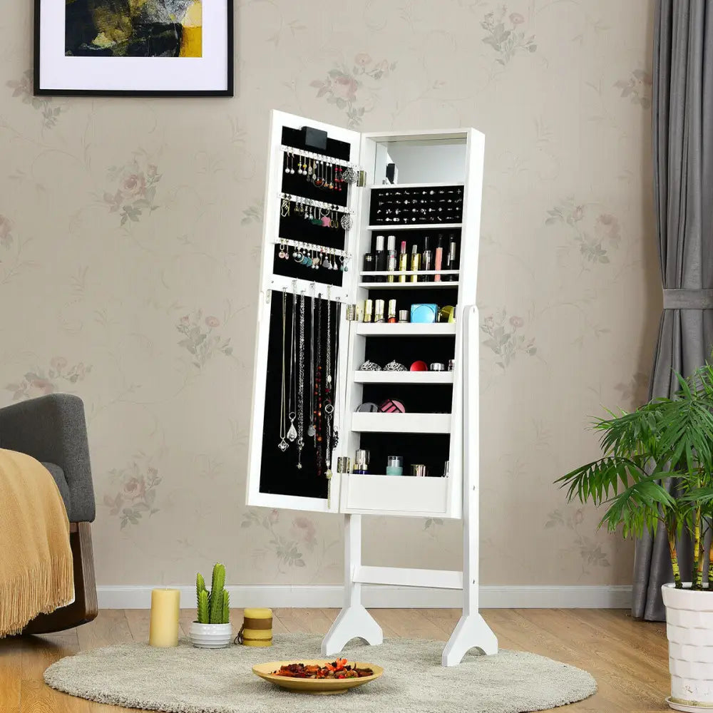 Mirrored Jewelry Cabinet Armoire Organizer w/ LED lights-White - White - Jewelry Armoires