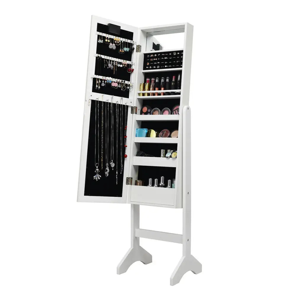 Mirrored Jewelry Cabinet Armoire Organizer w/ LED lights-White - White - Jewelry Armoires
