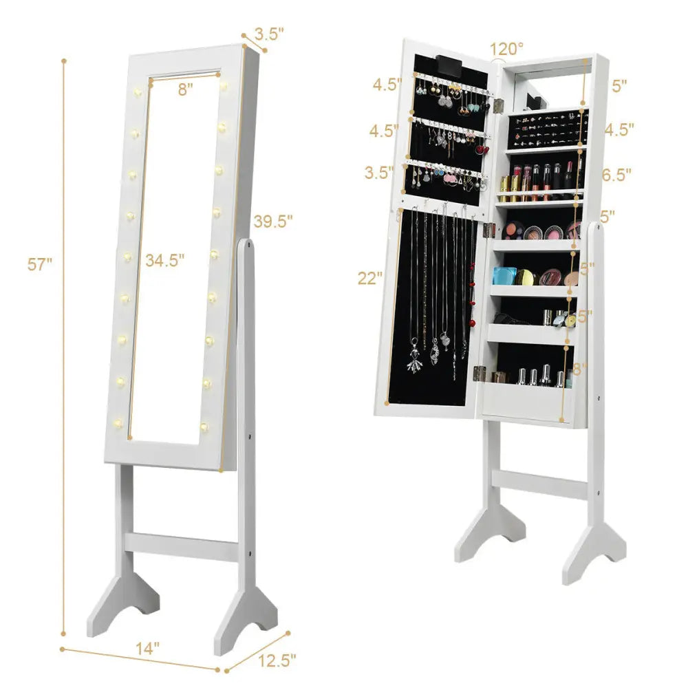 Mirrored Jewelry Cabinet Armoire Organizer w/ LED lights-White - White - Jewelry Armoires