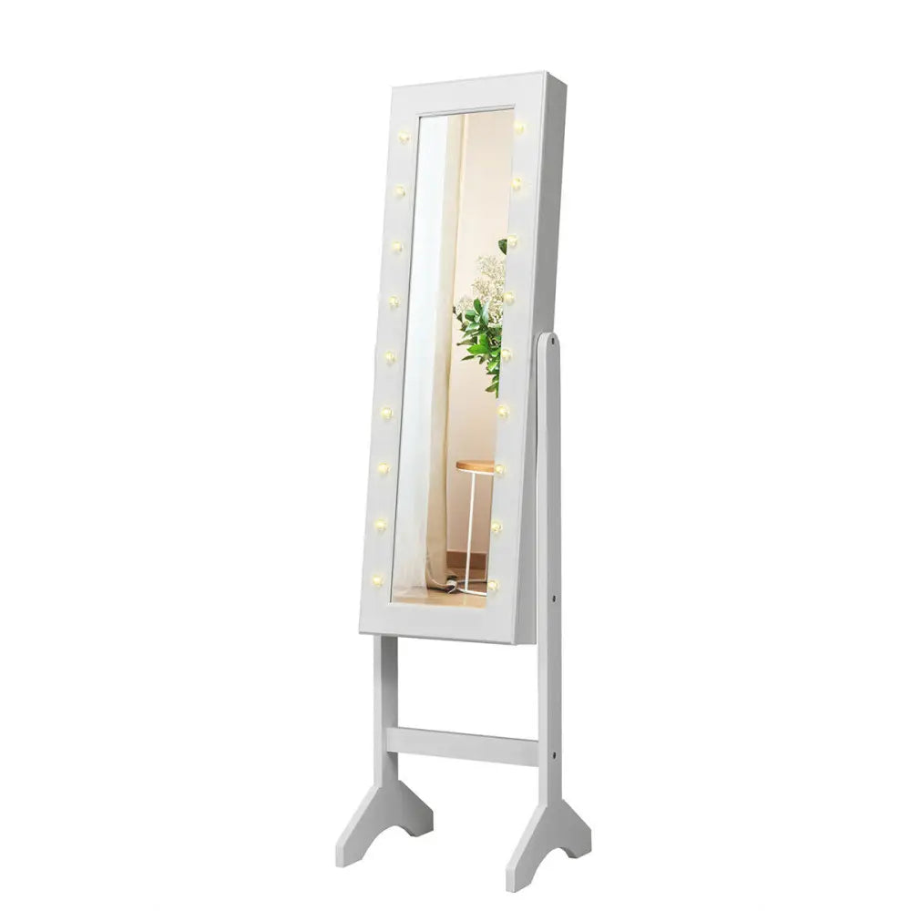 Mirrored Jewelry Cabinet Armoire Organizer w/ LED lights-White - White - Jewelry Armoires