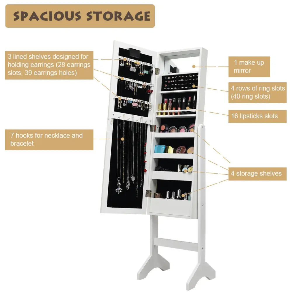 Mirrored Jewelry Cabinet Armoire Organizer w/ LED lights-White - White - Jewelry Armoires