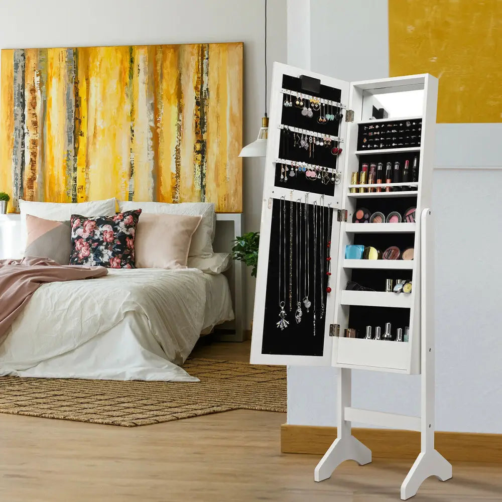 Mirrored Jewelry Cabinet Armoire Organizer w/ LED lights-White - White - Jewelry Armoires