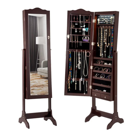 Mirrored Jewelry Cabinet Storage With Drawer And Led Lights -Coffee - Coffee - Jewelry Armoires