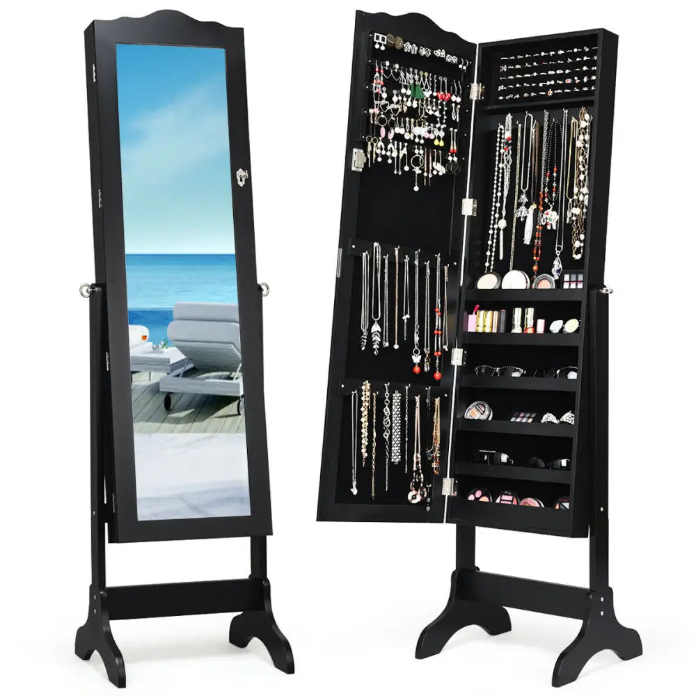 Mirrored Lockable Jewelry Cabinet Armoire Organizer Storage Box-Black - Black - Jewelry Armoires