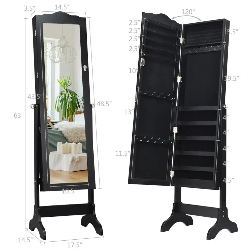 Mirrored Lockable Jewelry Cabinet Armoire Organizer Storage Box-Black - Black - Jewelry Armoires