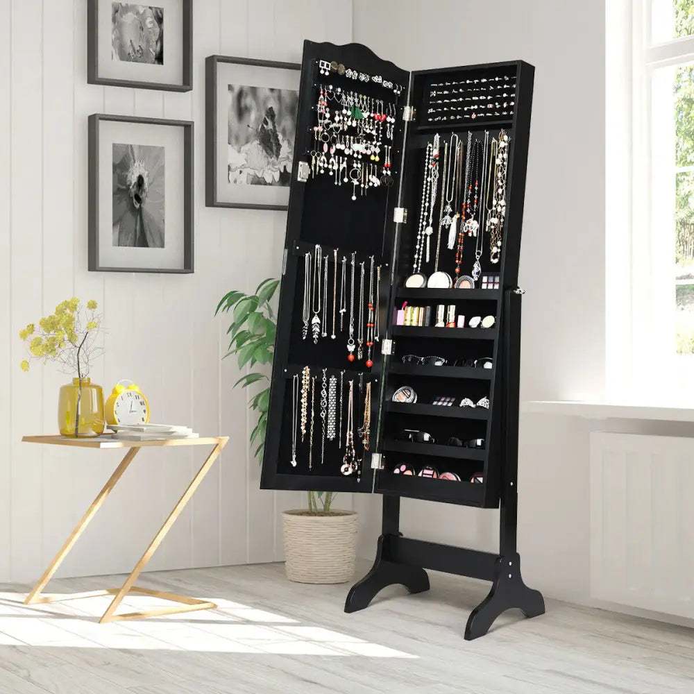 Mirrored Lockable Jewelry Cabinet Armoire Organizer Storage Box-Black - Black - Jewelry Armoires