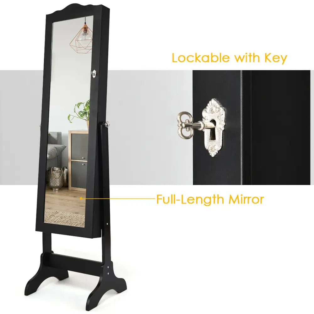 Mirrored Lockable Jewelry Cabinet Armoire Organizer Storage Box-Black - Black - Jewelry Armoires