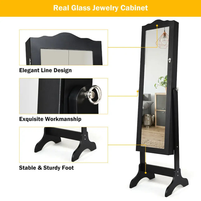 Mirrored Lockable Jewelry Cabinet Armoire Organizer Storage Box-Black - Black - Jewelry Armoires