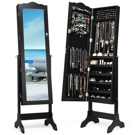 Mirrored Lockable Jewelry Cabinet Armoire Organizer Storage Box-Black - Black - Jewelry Armoires