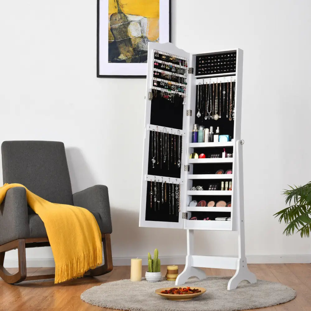 Mirrored Lockable Jewelry Cabinet Armoire Organizer Storage Box-White - White - Jewelry Armoires
